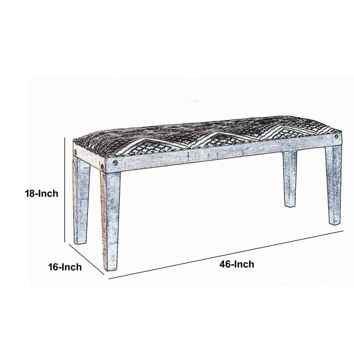 Fabric Upholstered Wooden Bench with Tapered Legs, Brown and Blue