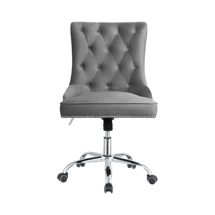 Nailhead Trimmed and Tufted Office Chair with Casters, Gray and Silver
