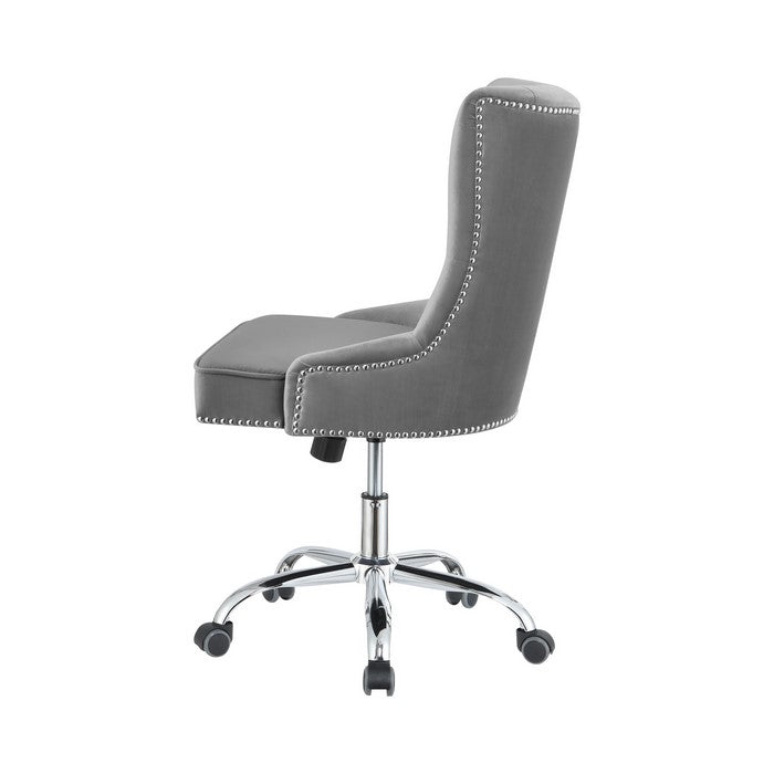 Nailhead Trimmed and Tufted Office Chair with Casters, Gray and Silver