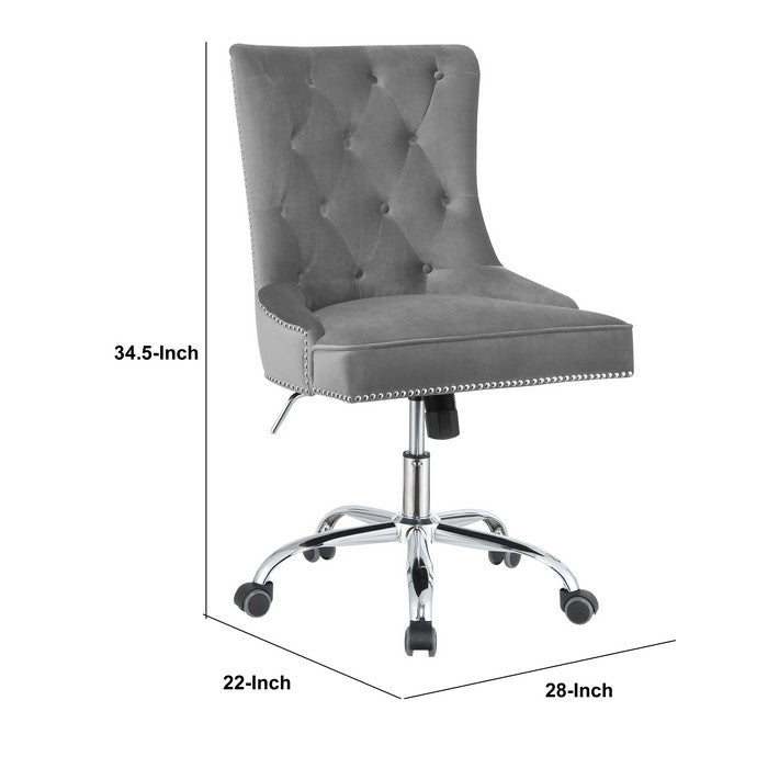 Nailhead Trimmed and Tufted Office Chair with Casters, Gray and Silver