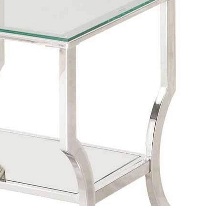 Glass Top End Table with Mirrored Bottom Shelf, Clear and Silver