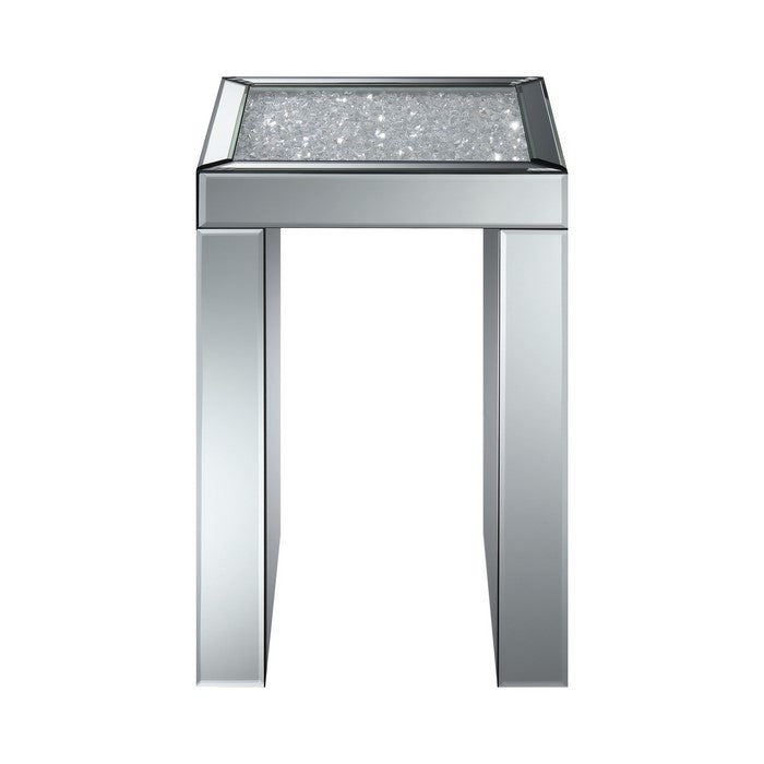 Mirror Panelled Accent Table with Crystal Embellished Top, Silver