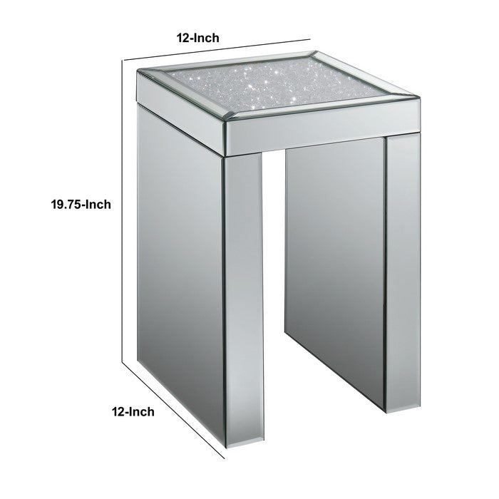 Mirror Panelled Accent Table with Crystal Embellished Top, Silver