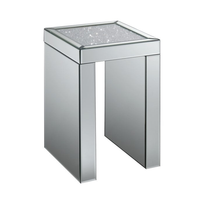 Mirror Panelled Accent Table with Crystal Embellished Top, Silver