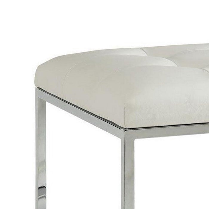 Leatherette Metal Frame Ottoman with Tufted Seating, White and Silver