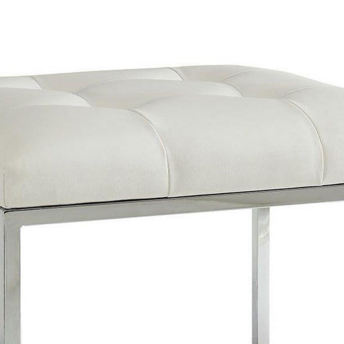 Leatherette Metal Frame Ottoman with Tufted Seating, White and Silver