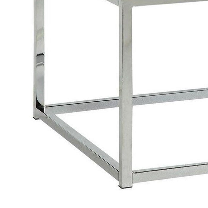 Leatherette Metal Frame Ottoman with Tufted Seating, White and Silver