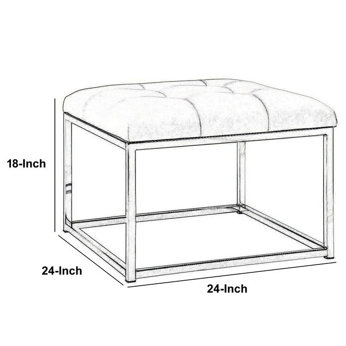 Leatherette Metal Frame Ottoman with Tufted Seating, White and Silver
