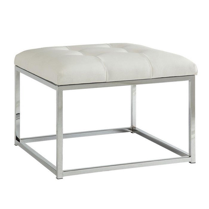 Leatherette Metal Frame Ottoman with Tufted Seating, White and Silver