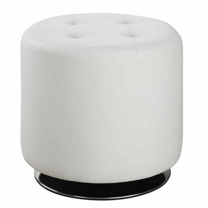 Round Leatherette Swivel Ottoman with Tufted Seat, White and Black