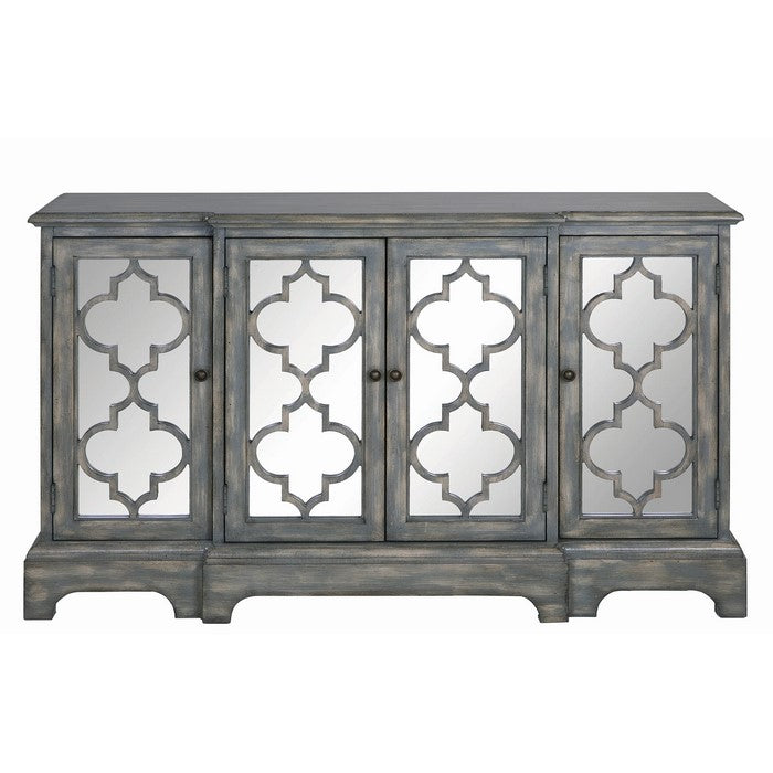 Wooden Accent Cabinet with 4 Mirrored Doors, Gray and Silver