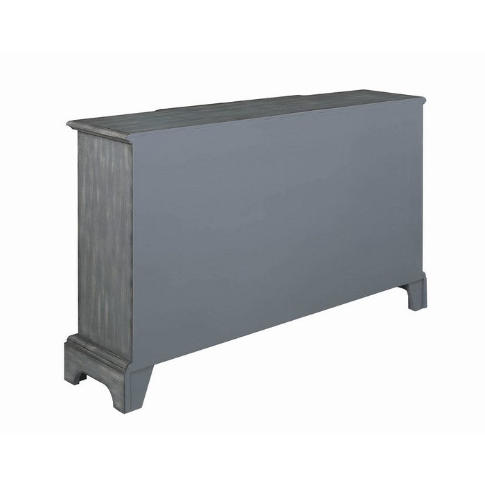 Wooden Accent Cabinet with 4 Mirrored Doors, Gray and Silver
