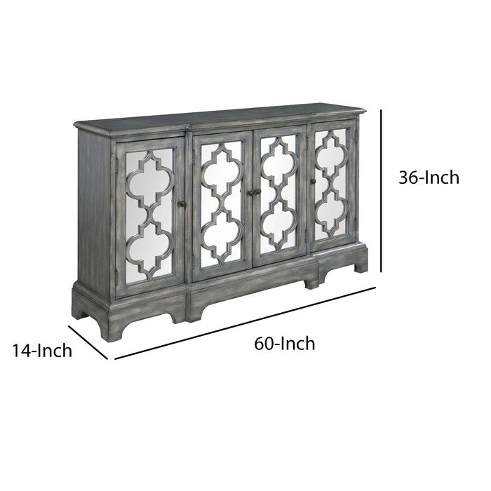 Wooden Accent Cabinet with 4 Mirrored Doors, Gray and Silver