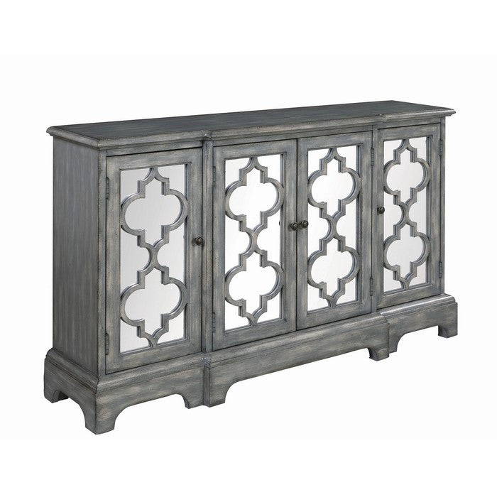 Wooden Accent Cabinet with 4 Mirrored Doors, Gray and Silver