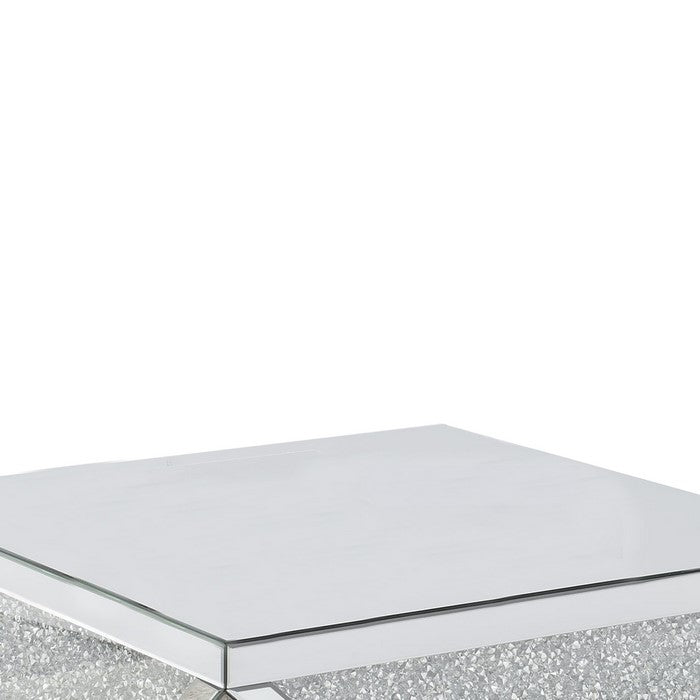 Wood and Mirror Coffee Table in Diamond Shape with Crystal Inserts, Silver