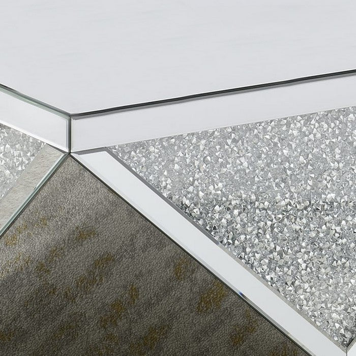Wood and Mirror Coffee Table in Diamond Shape with Crystal Inserts, Silver