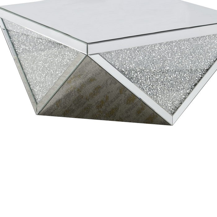 Wood and Mirror Coffee Table in Diamond Shape with Crystal Inserts, Silver