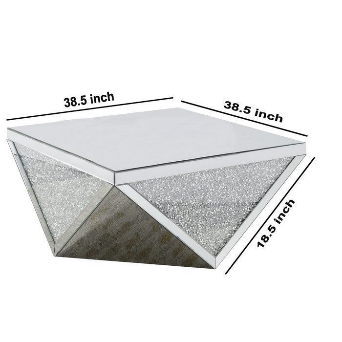 Wood and Mirror Coffee Table in Diamond Shape with Crystal Inserts, Silver