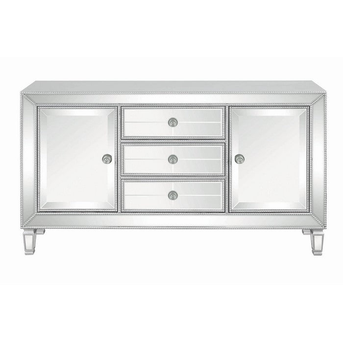 Wood and Mirror Accent Cabinet with Three Drawers and Two Doors, Silver