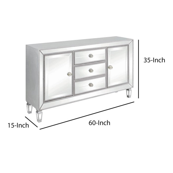 Wood and Mirror Accent Cabinet with Three Drawers and Two Doors, Silver