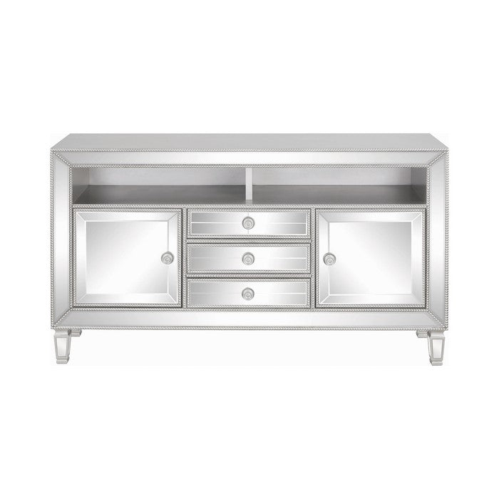 Contemporary Wood and Mirror TV Console with Beading Accents, Silver