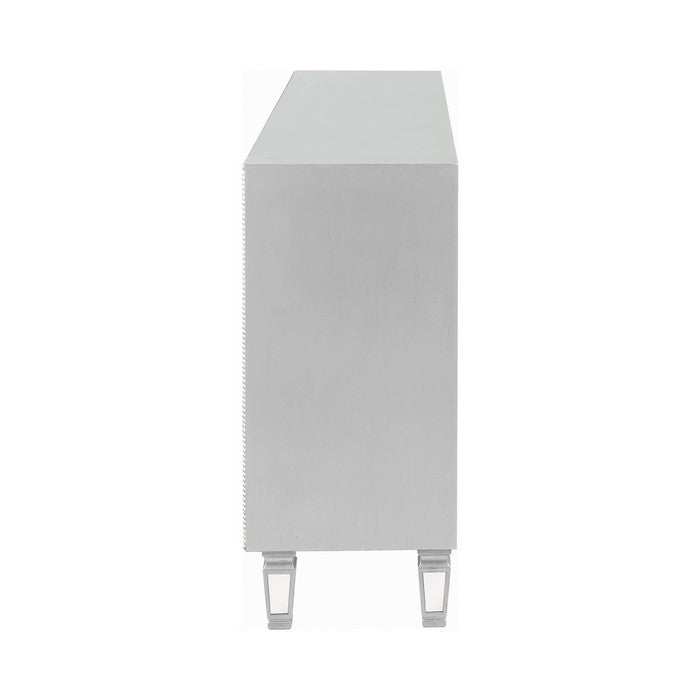 Contemporary Wood and Mirror TV Console with Beading Accents, Silver