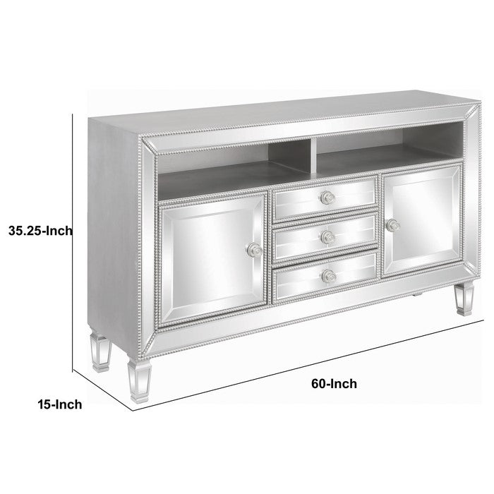 Contemporary Wood and Mirror TV Console with Beading Accents, Silver