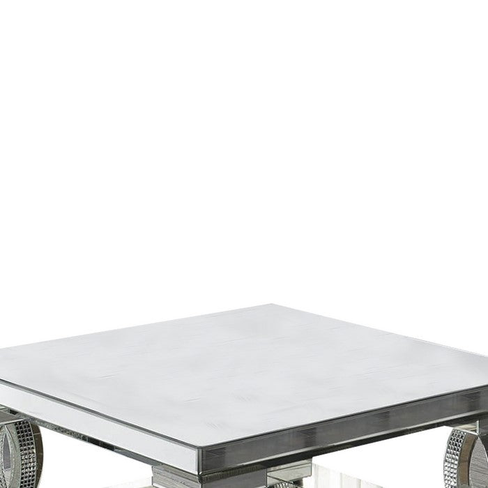 Wood and Mirror Coffee Table with Unique C Shaped Supports, Silver