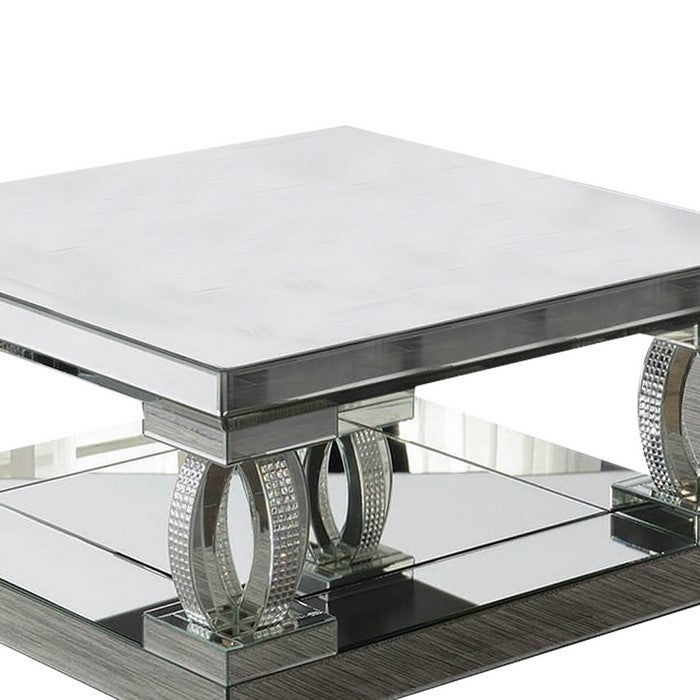Wood and Mirror Coffee Table with Unique C Shaped Supports, Silver