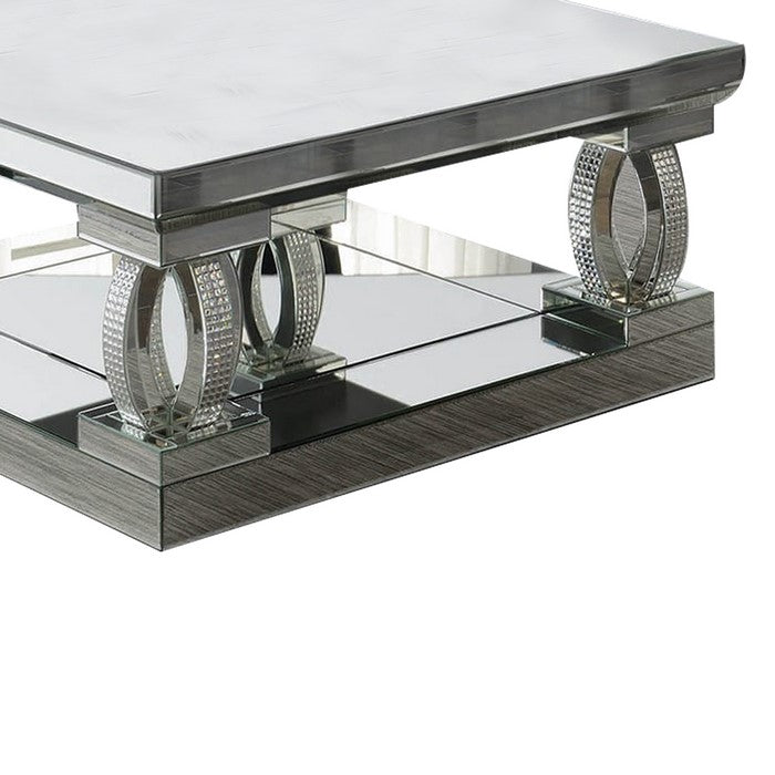 Wood and Mirror Coffee Table with Unique C Shaped Supports, Silver