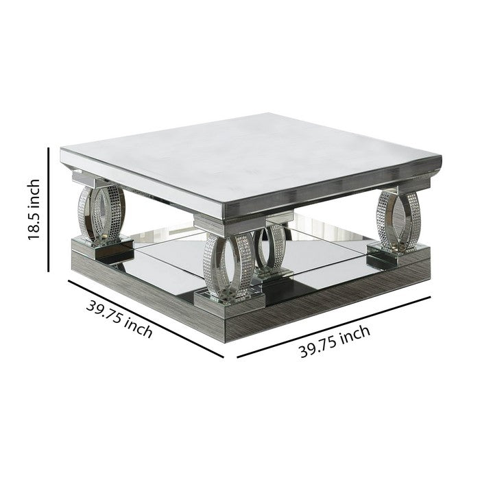 Wood and Mirror Coffee Table with Unique C Shaped Supports, Silver