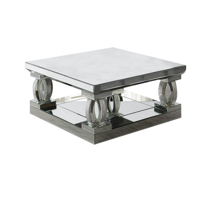 Wood and Mirror Coffee Table with Unique C Shaped Supports, Silver