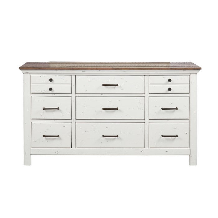 Wooden Dresser with Planked Top and Nine Drawers, White and Brown