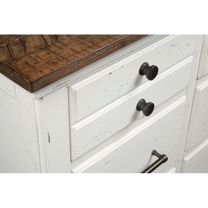 Wooden Dresser with Planked Top and Nine Drawers, White and Brown