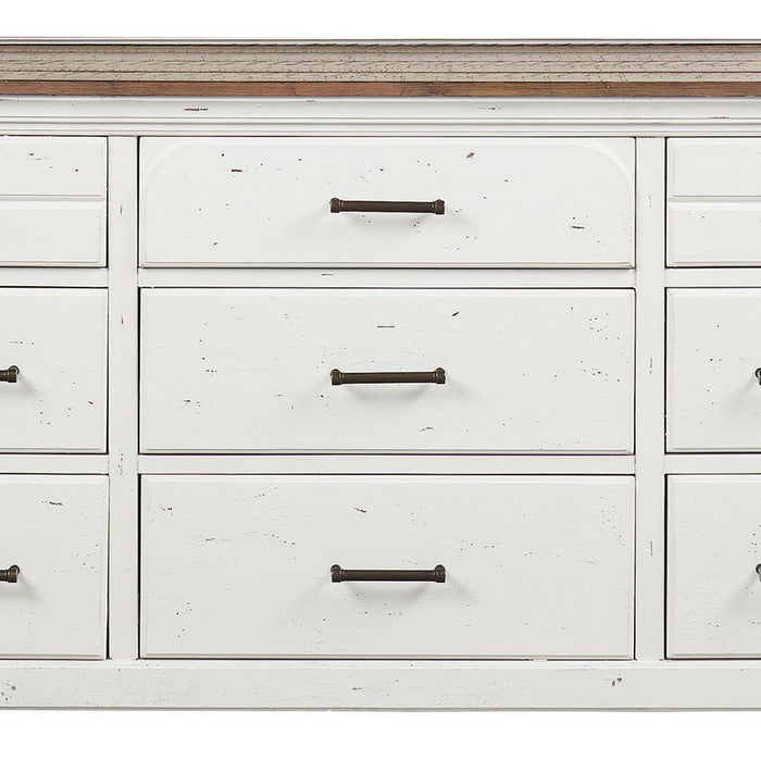 Wooden Dresser with Planked Top and Nine Drawers, White and Brown