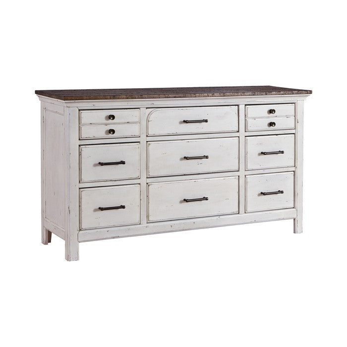 Wooden Dresser with Planked Top and Nine Drawers, White and Brown
