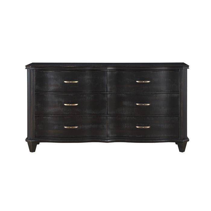6 Drawer Transitional Style Wooden Dresser with Bow Front Drawers, Black