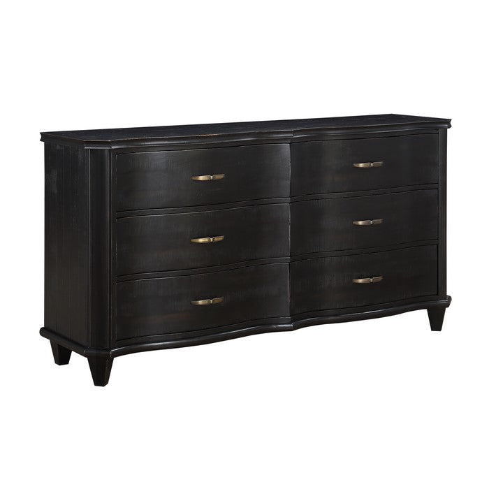6 Drawer Transitional Style Wooden Dresser with Bow Front Drawers, Black