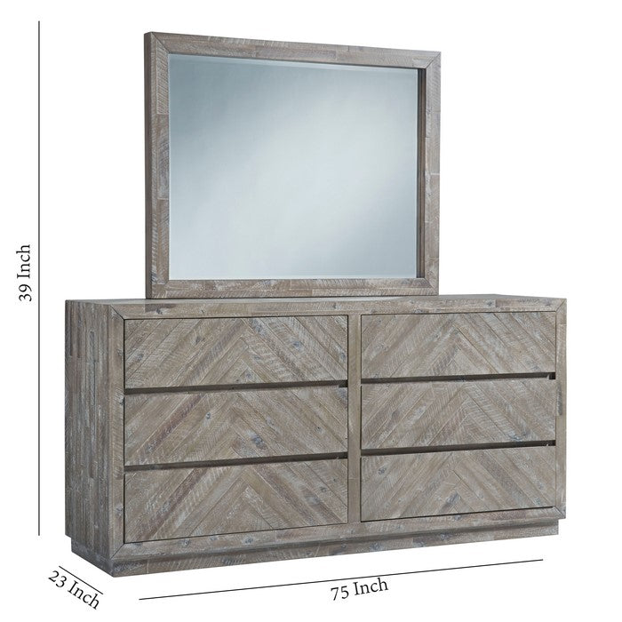 6 Drawer Wooden Dresser with Herringbone Design, Gray