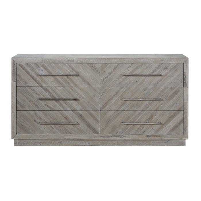 6 Drawer Herringbone Front Wooden Dresser with Pull Bar Handles, Grey