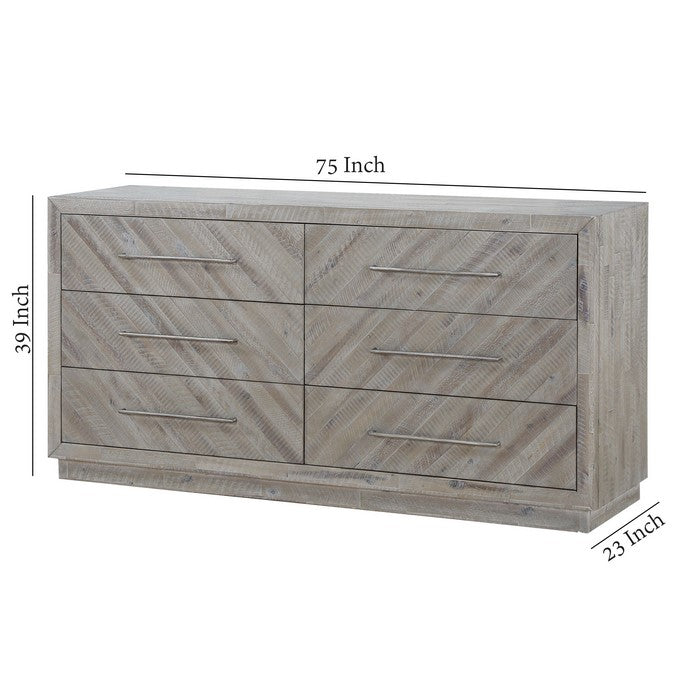 6 Drawer Herringbone Front Wooden Dresser with Pull Bar Handles, Grey