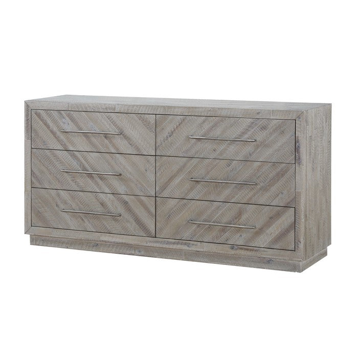 6 Drawer Herringbone Front Wooden Dresser with Pull Bar Handles, Grey