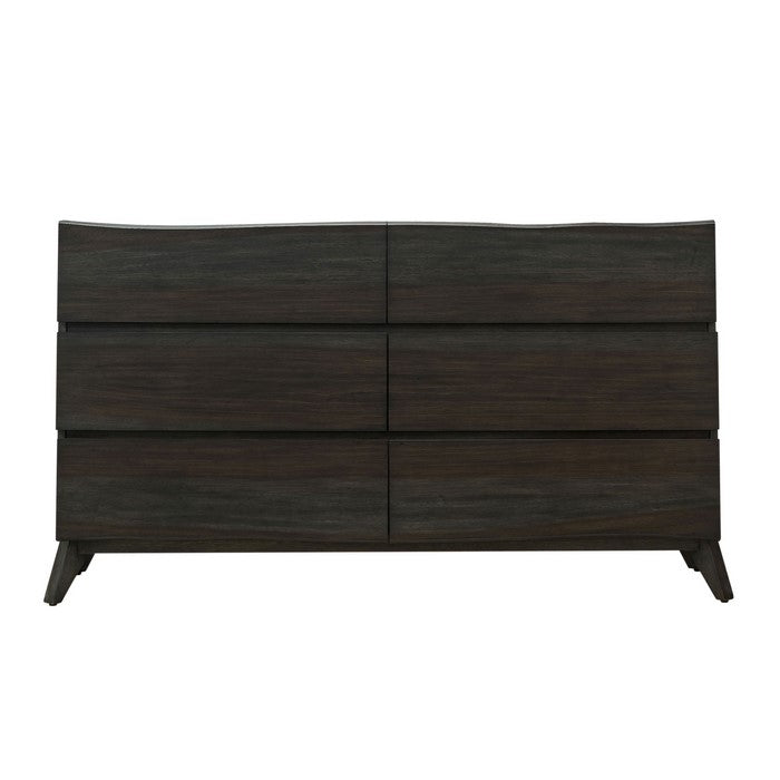 6 Drawer Wooden Dresser with Angled Legs and Wavy Front, Brown