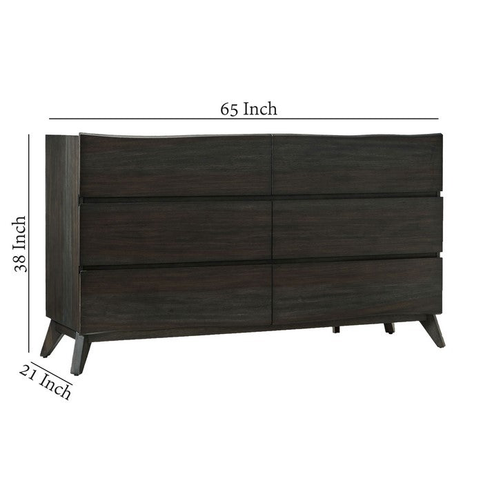 6 Drawer Wooden Dresser with Angled Legs and Wavy Front, Brown