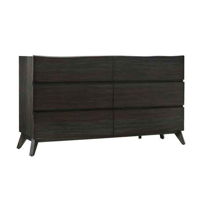 6 Drawer Wooden Dresser with Angled Legs and Wavy Front, Brown