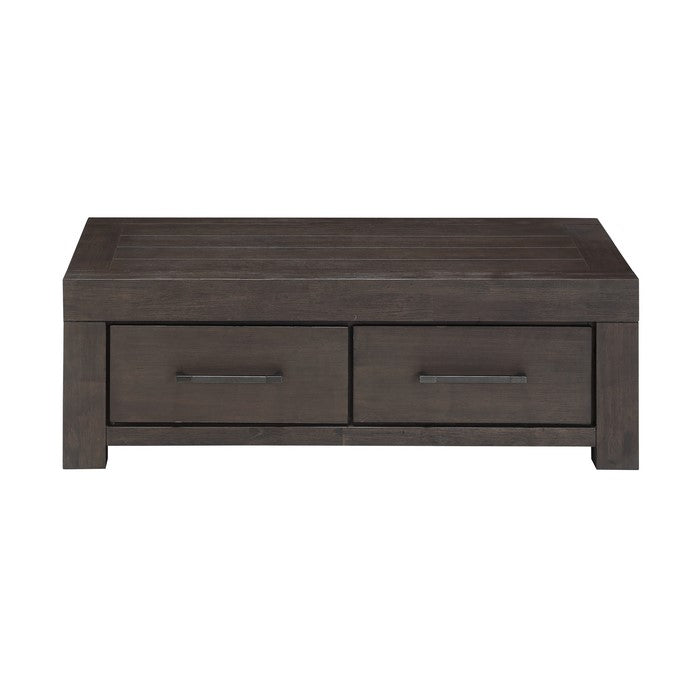 2 Drawer Wooden Coffee Table with Bronze Bar Pulls, Brown