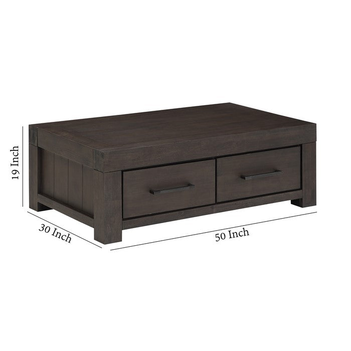 2 Drawer Wooden Coffee Table with Bronze Bar Pulls, Brown