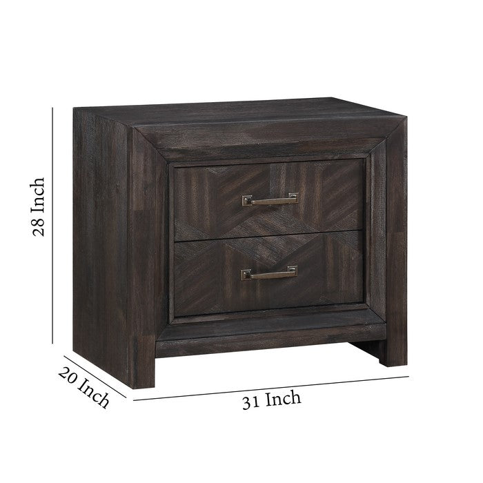 Geometric Design 2 Drawer Wooden Nightstand with USB Slot, Brown