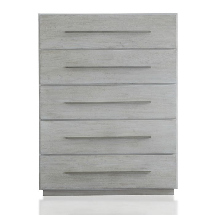 5 Drawer Miter Front Wooden Chest with Metal Bar Handles, Cotton Gray