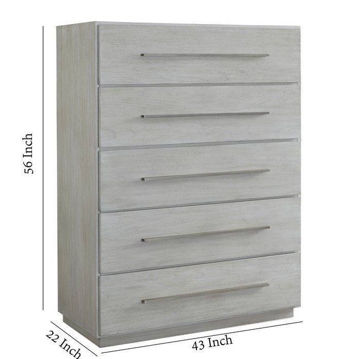 5 Drawer Miter Front Wooden Chest with Metal Bar Handles, Cotton Gray